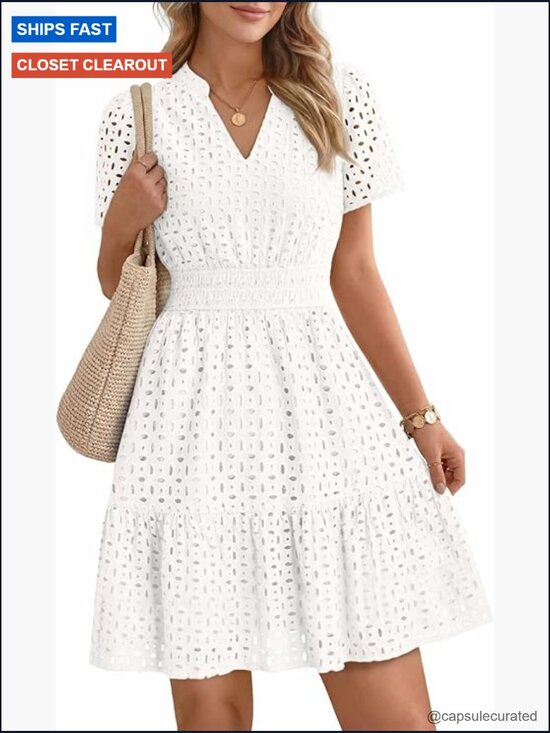 Dresses & Skirts - Mini Eyelet Lace A-Line Dress V Neck Smocked Waist Short Sleeve Beach Casual